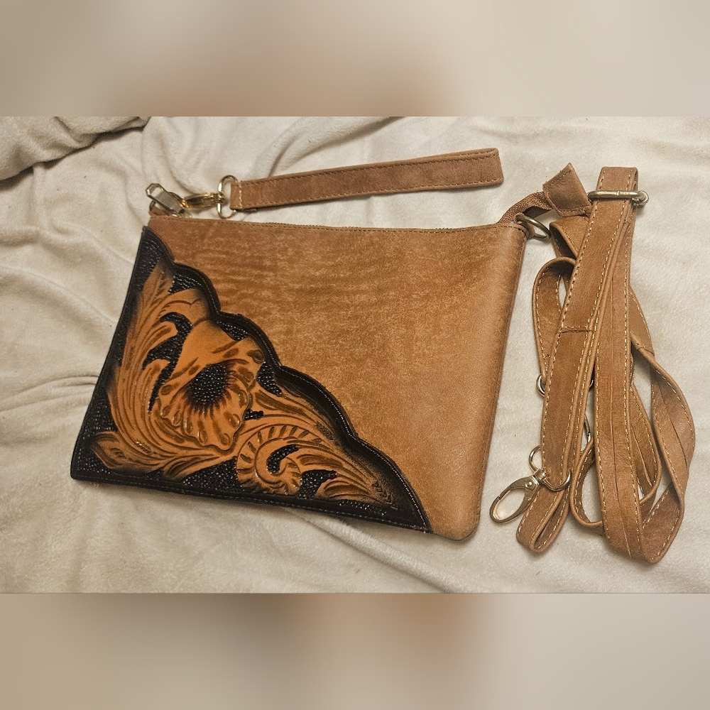 Leather Tan and Black Floral Crossbody